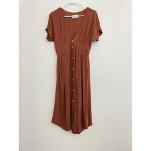 The Normal Brand Dress Women M Deep Tan Midi V Neck Boho Coastal Office Button